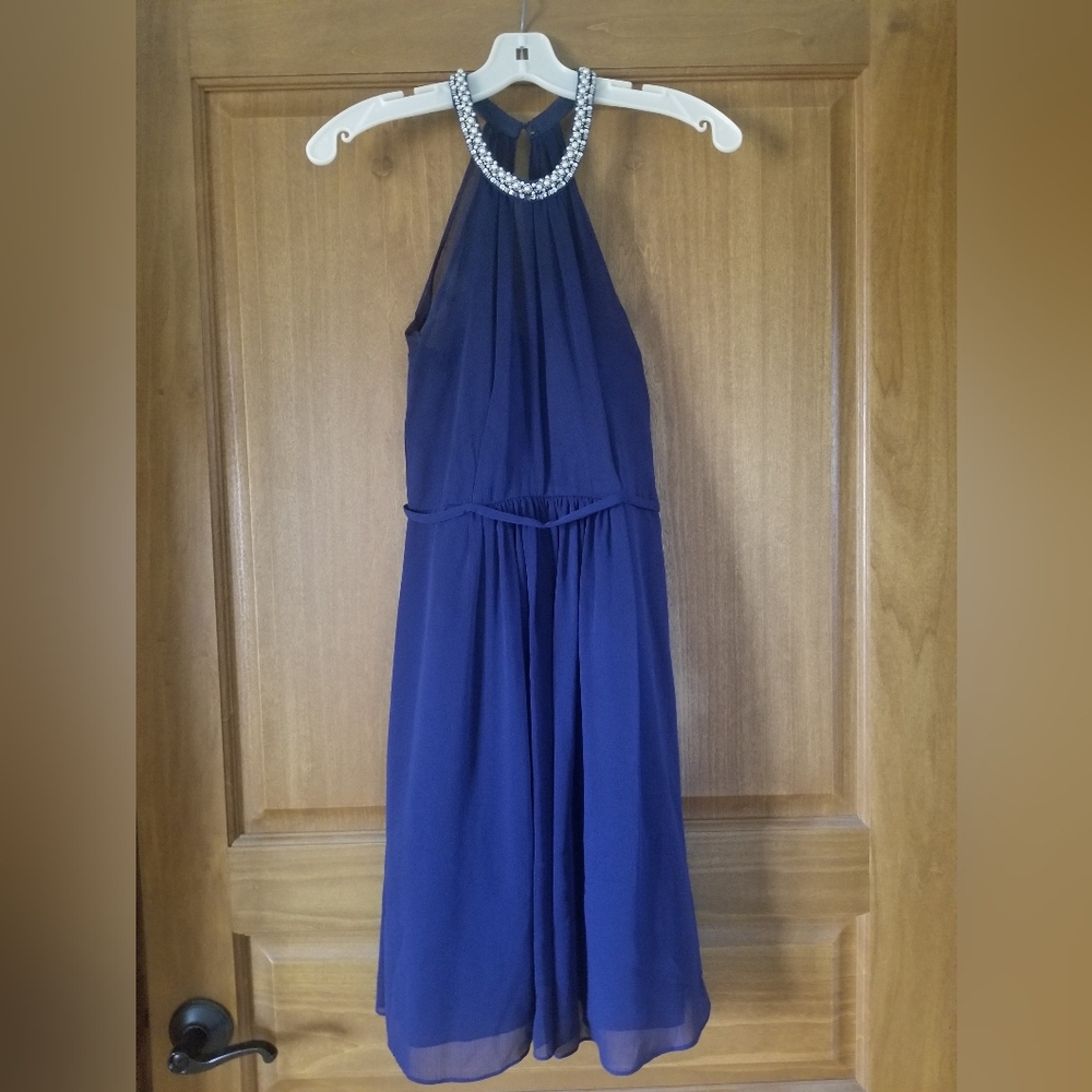 Womens Navy High Neck Formal Dress Size 4 Wedding Prom Beaded